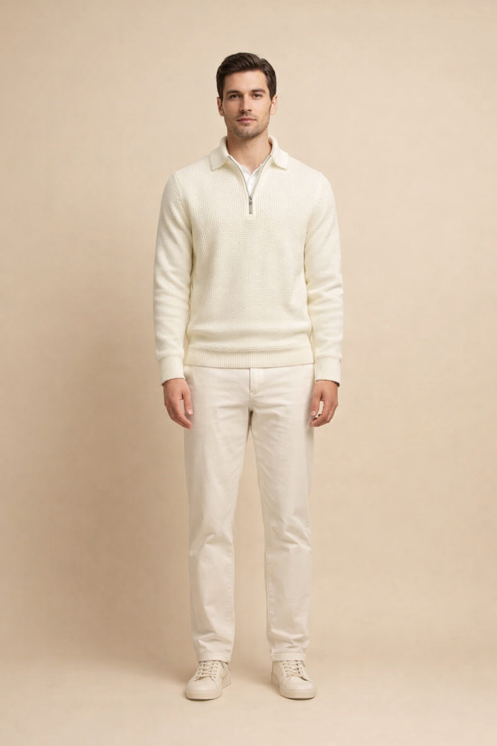 Men's Half Zip Knitted Sweater with Lapel Collar and Textured Waffle Knit 