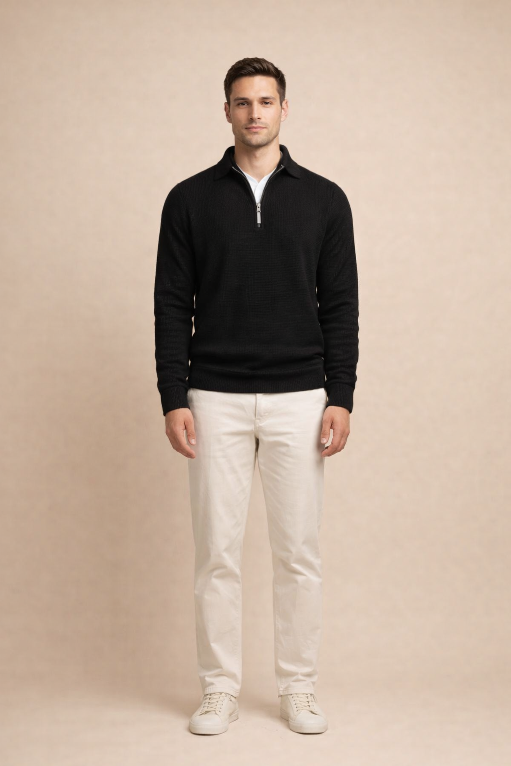 Men's Half Zip Knitted Sweater with Lapel Collar and Textured Waffle Knit 