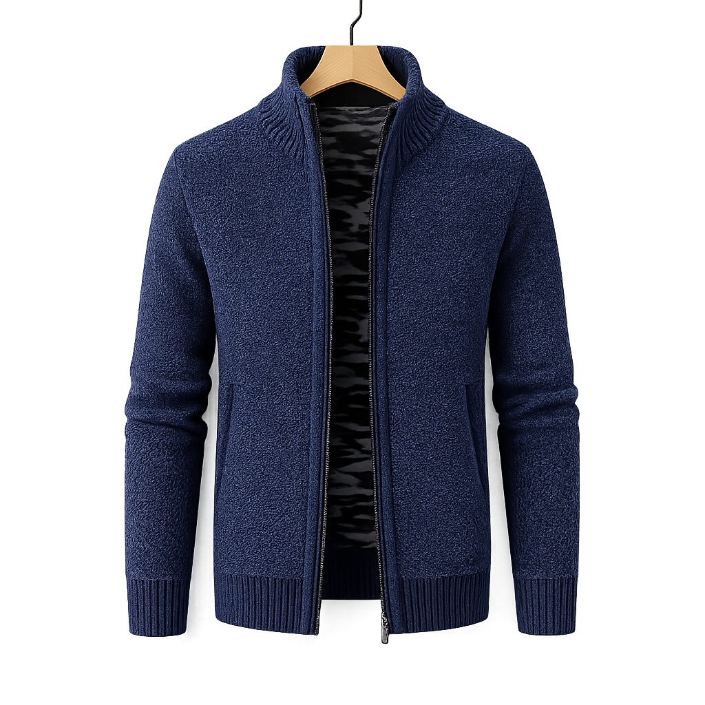 Men's Fleece-Lined Knit Jacket Warm Autumn Winter Casual Zip-Up Outerwear Everyday Wear