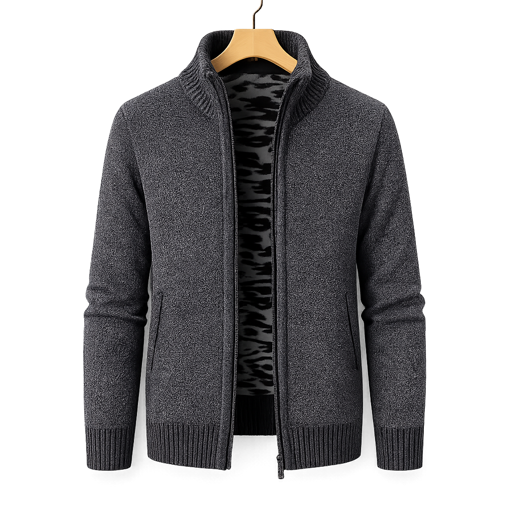 Men's Fleece-Lined Knit Jacket Warm Autumn Winter Casual Zip-Up Outerwear Everyday Wear
