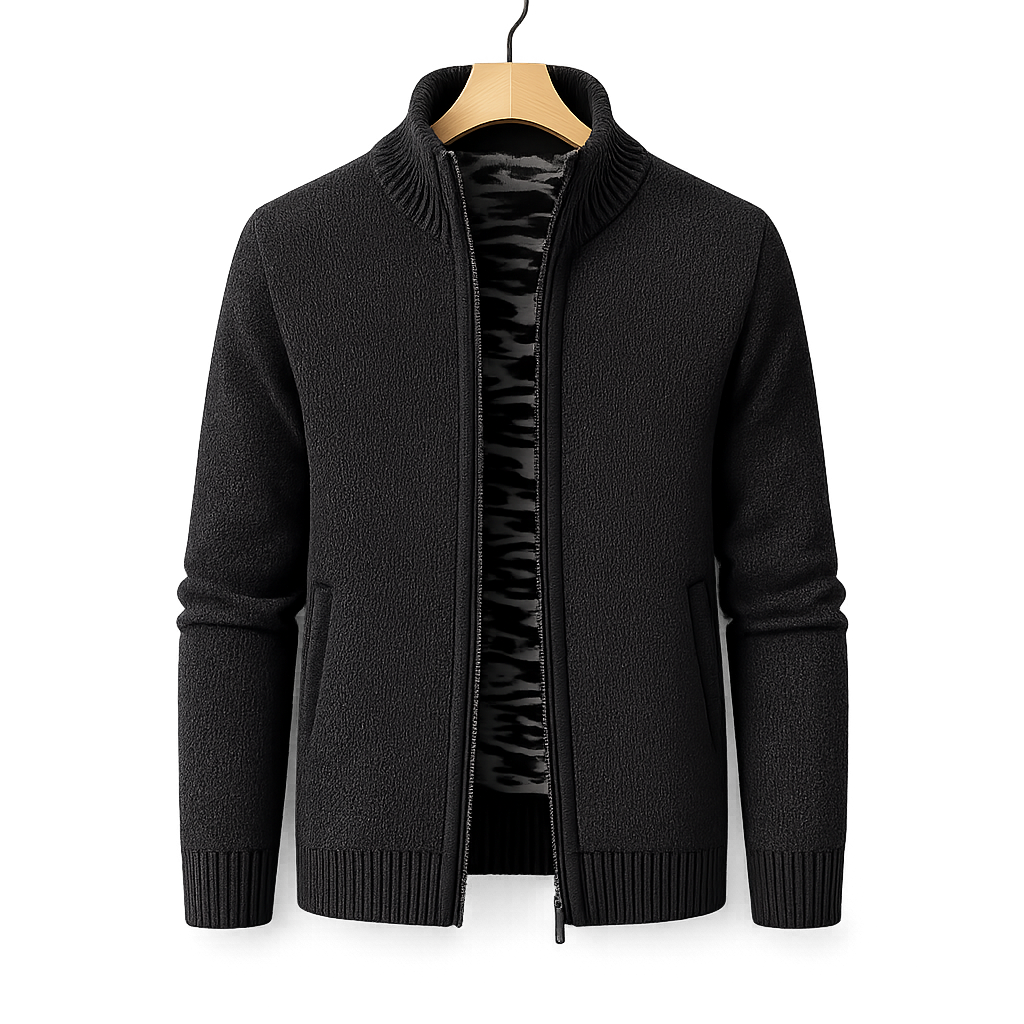 Men's Fleece-Lined Knit Jacket Warm Autumn Winter Casual Zip-Up Outerwear Everyday Wear