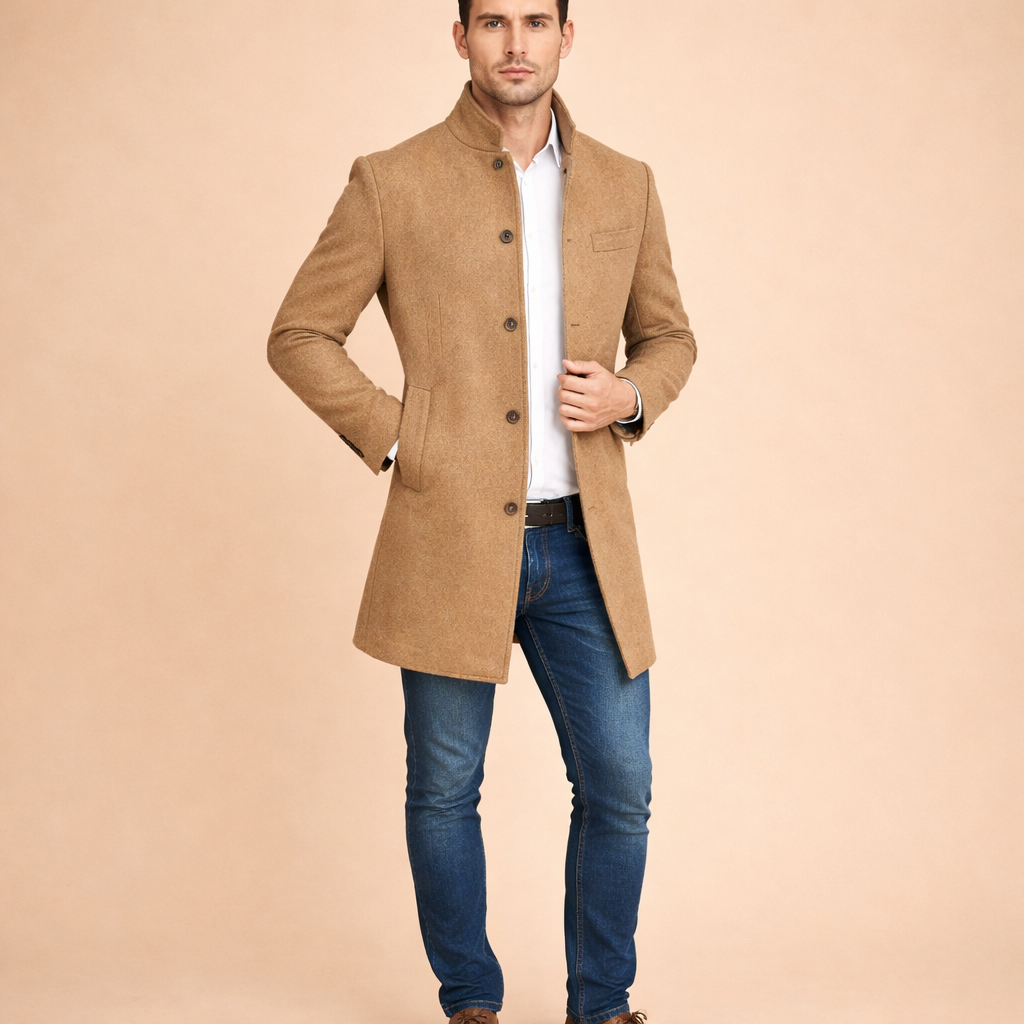 Men’s Long Wool Overcoat Illusion Layered Winter Coat Tailored Formal Casual Outerwear