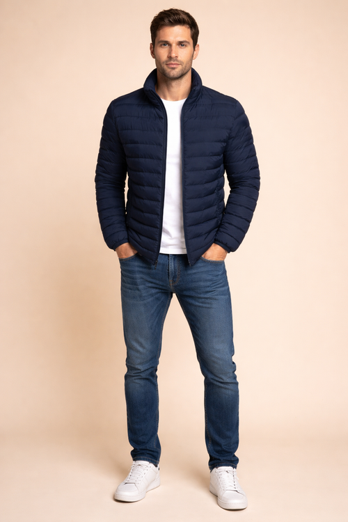 Men's Winter Padded Jacket with Stand Collar for Casual Outdoor Cold Weather Wear