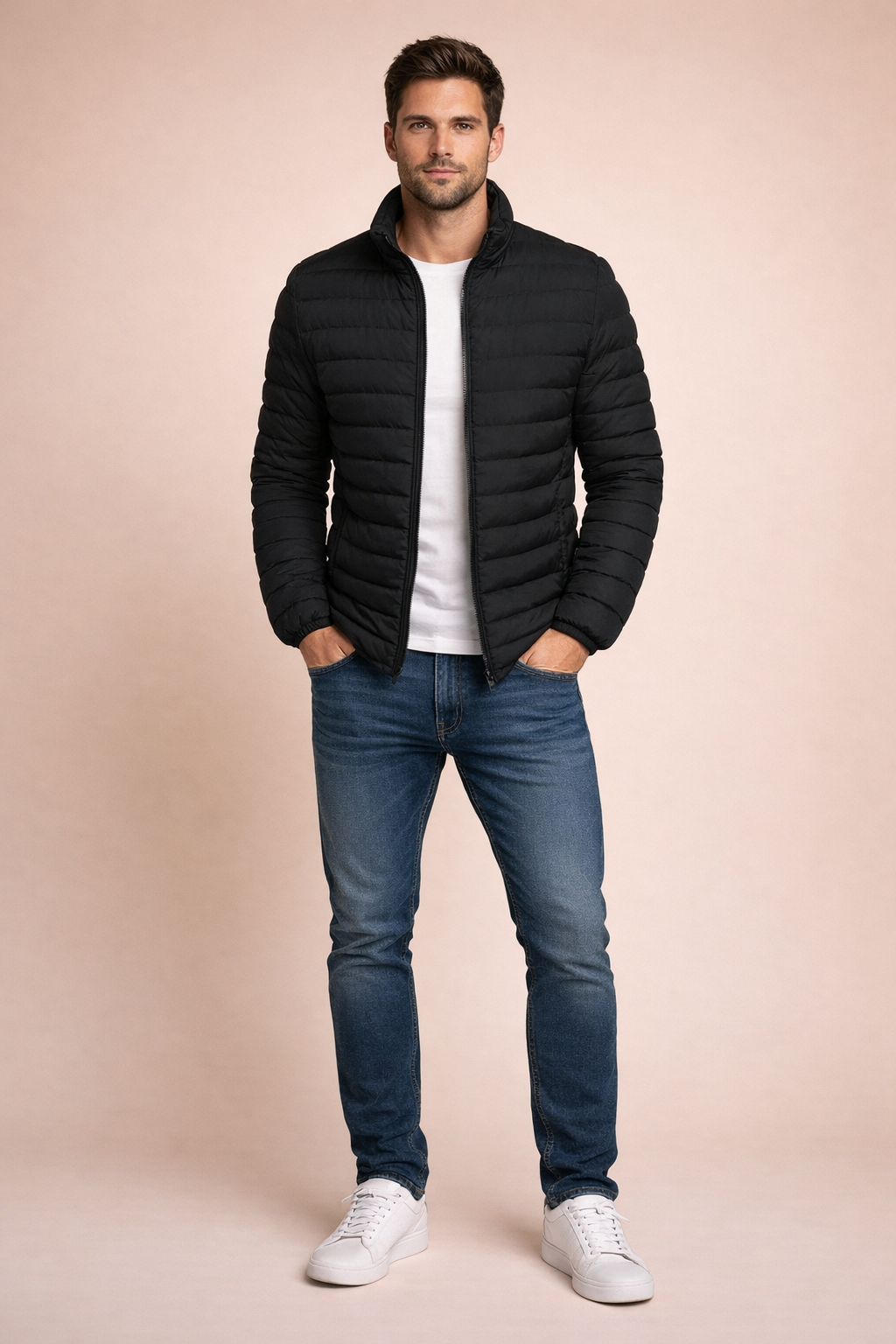 Men's Winter Padded Jacket with Stand Collar for Casual Outdoor Cold Weather Wear