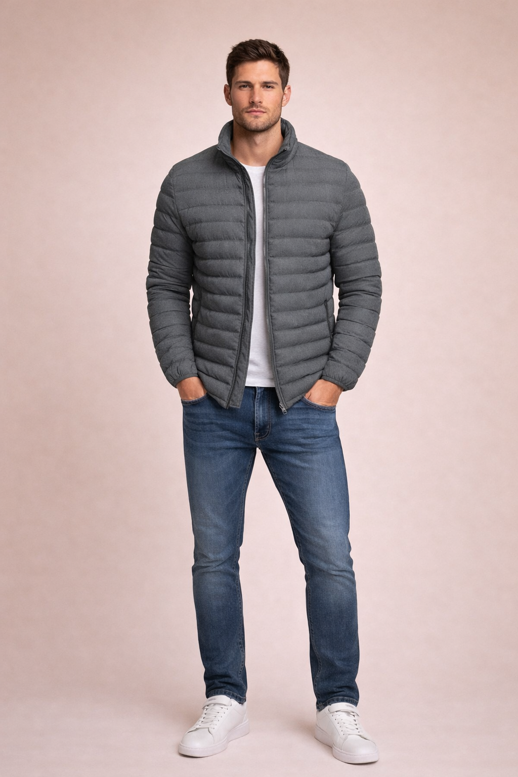 Men's Winter Padded Jacket with Stand Collar for Casual Outdoor Cold Weather Wear