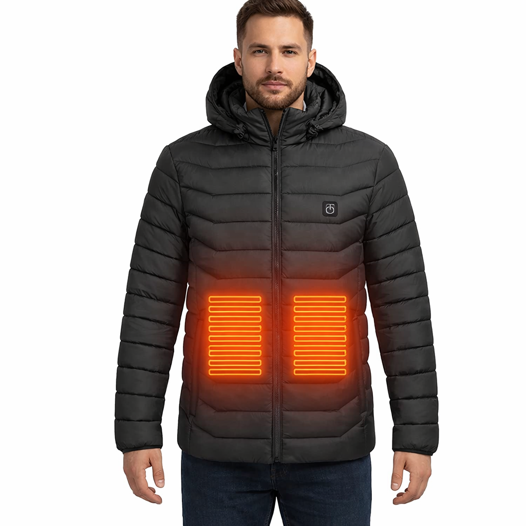 Men's Heated Winter Jacket with Hood and Stand Collar for Outdoor Cold Weather Wear