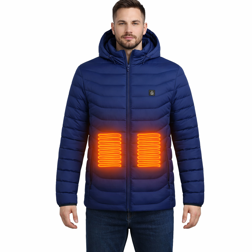 Men's Heated Winter Jacket with Hood and Stand Collar for Outdoor Cold Weather Wear