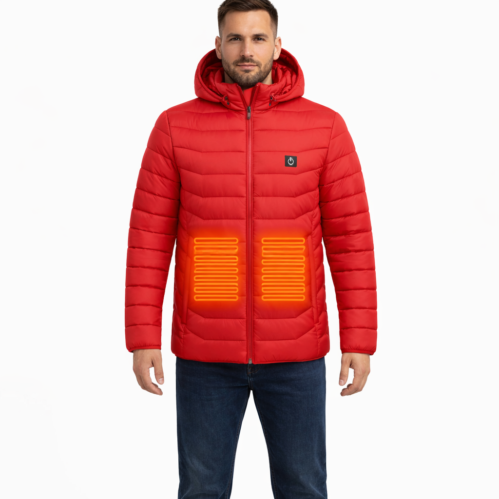 Men's Heated Winter Jacket with Hood and Stand Collar for Outdoor Cold Weather Wear