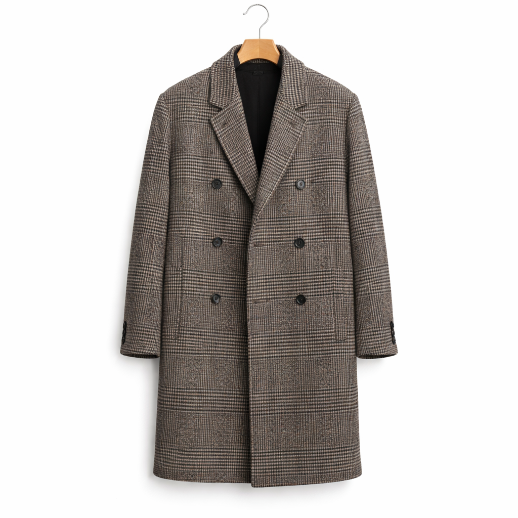 Men's Double Breasted Plaid Overcoat with Tailored Fit for Smart Casual Winter Wear