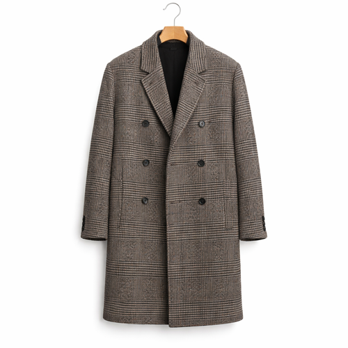 Men's Double Breasted Plaid Overcoat with Tailored Fit for Smart Casual Winter Wear