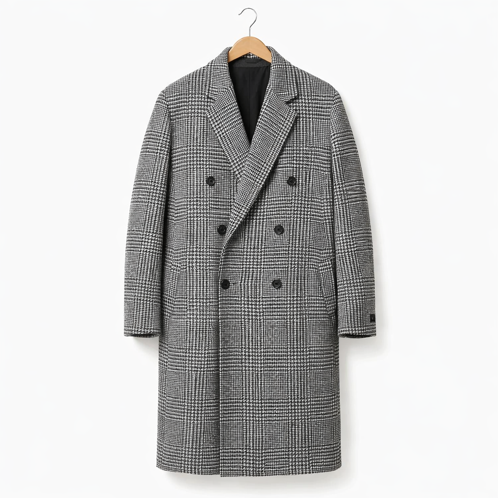 Men's Double Breasted Plaid Overcoat with Tailored Fit for Smart Casual Winter Wear