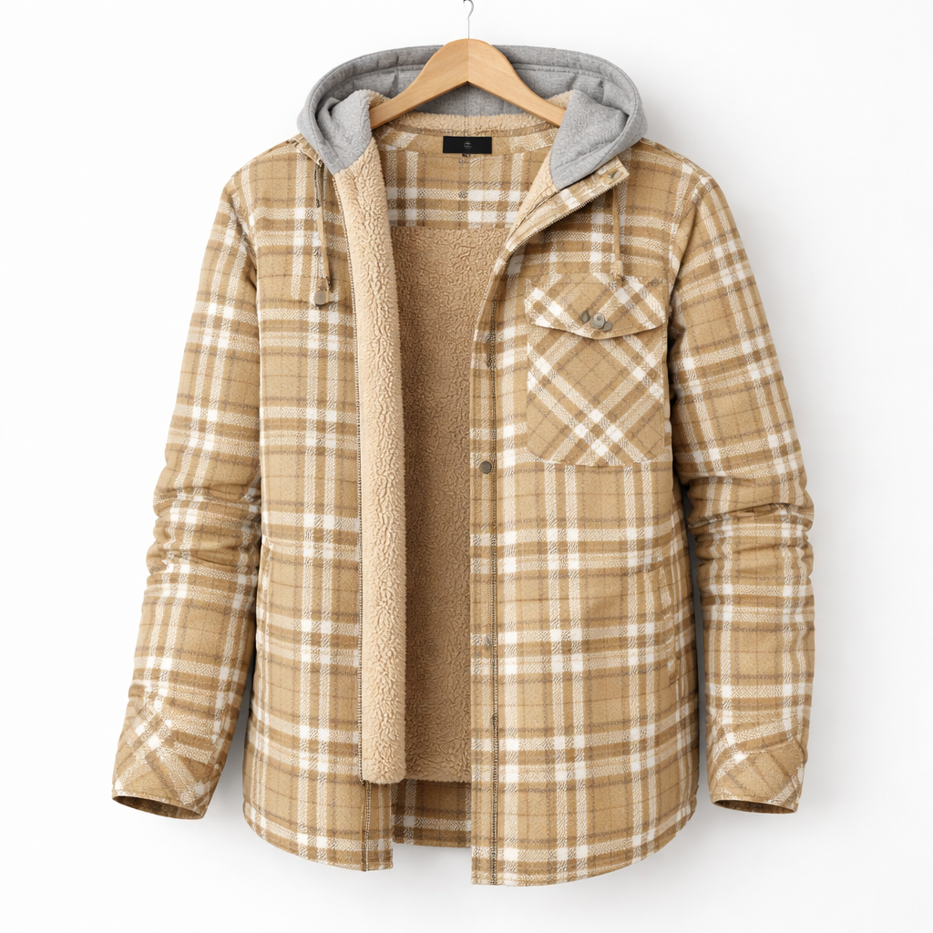 Men's Winter Hooded Plaid Jacket for Casual Outdoor Cold Weather Wear