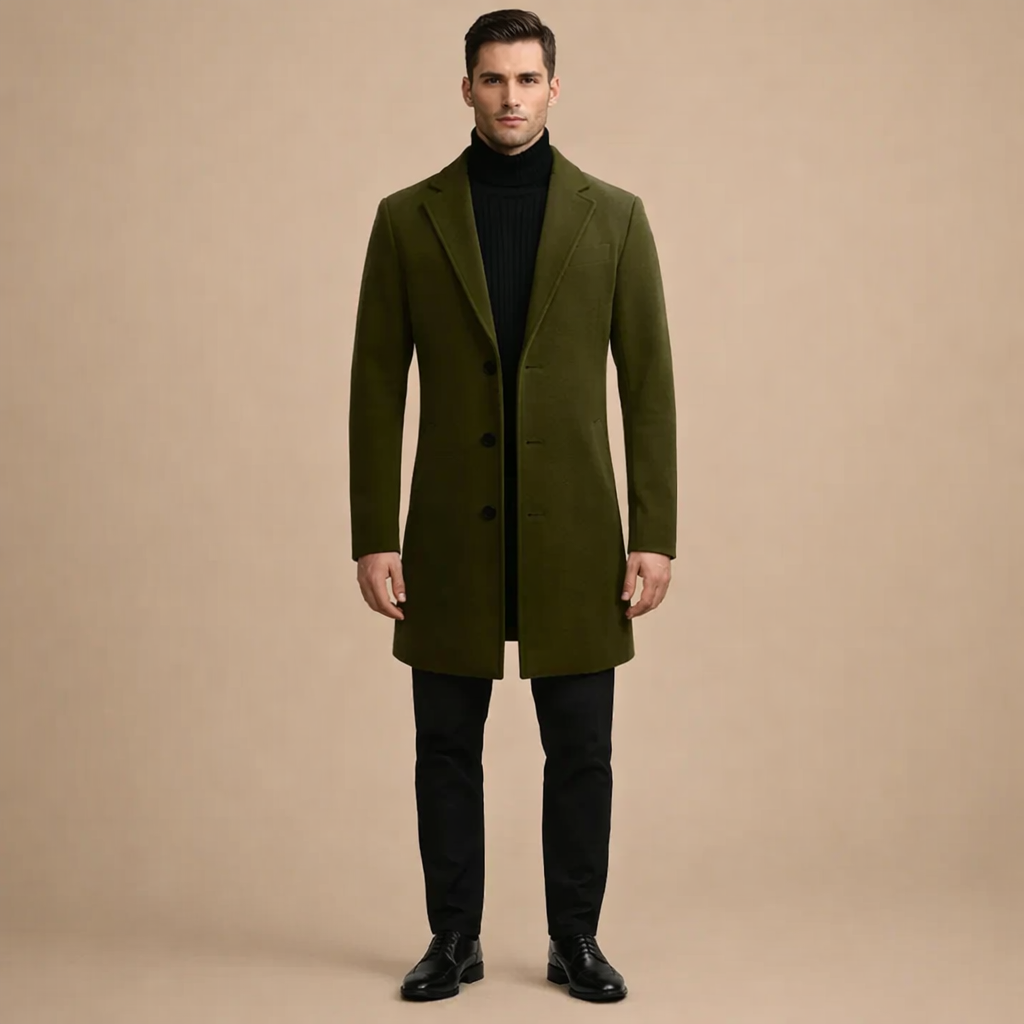 Men's Slim Fit Long Wool Coat Autumn Winter Tailored Formal Casual Outerwear
