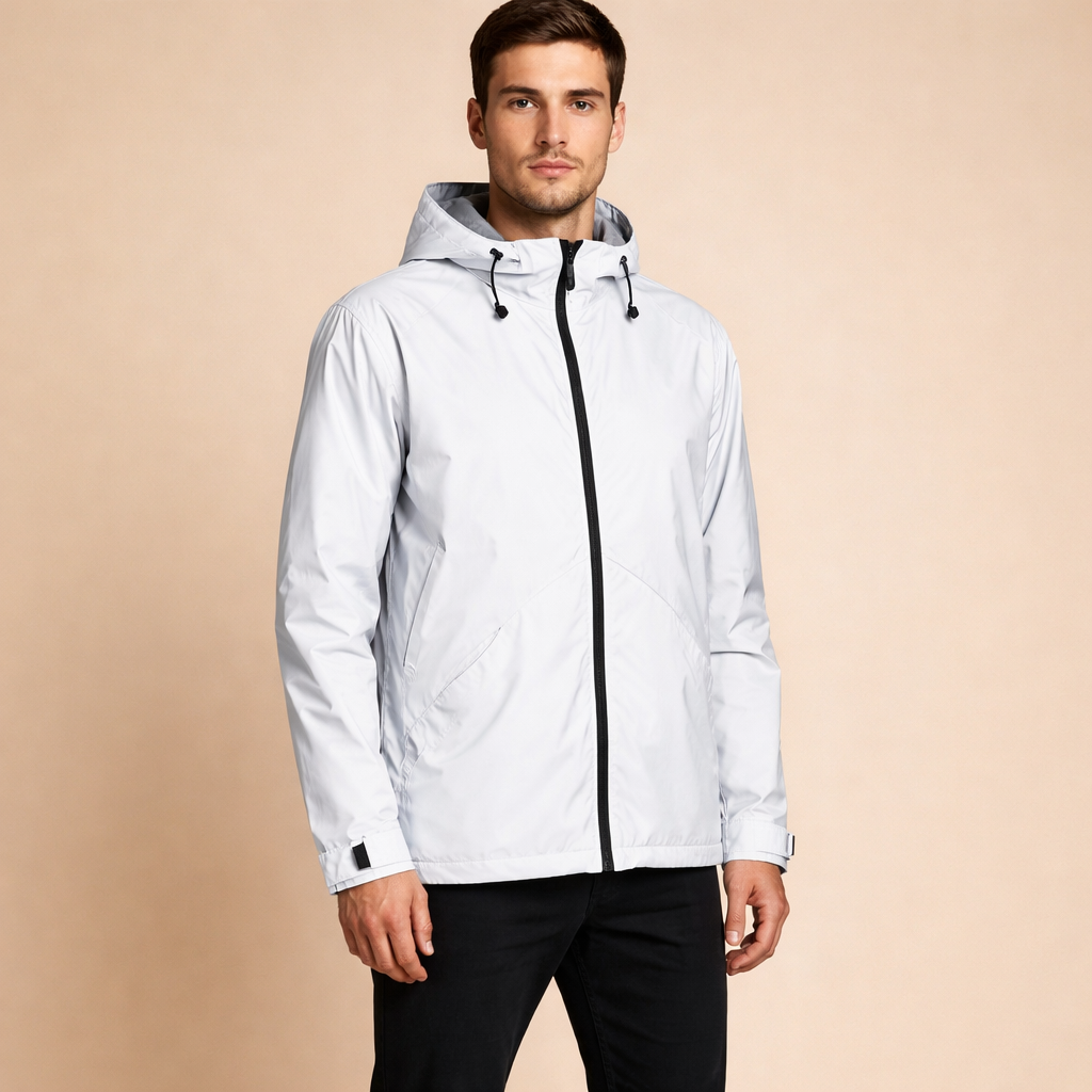 Men's Reflective Long Windbreaker Jacket Lightweight Outdoor Hooded Casual Utility Outerwear