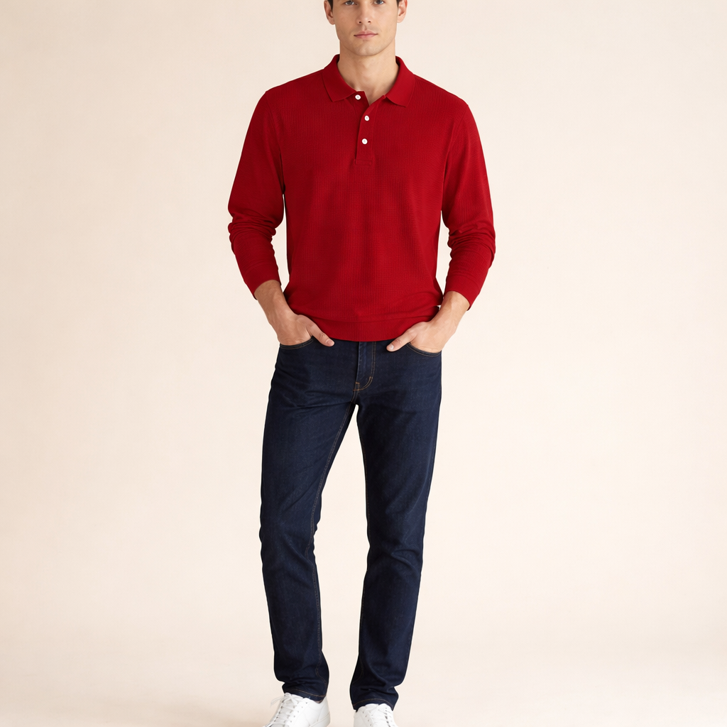 Men's Long Sleeve Button Polo Shirt with Clean Fit for Smart Casual Everyday Wear