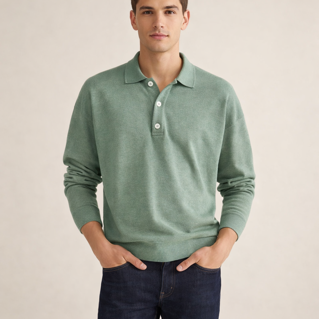 Men's Long Sleeve Button Polo Shirt with Clean Fit for Smart Casual Everyday Wear