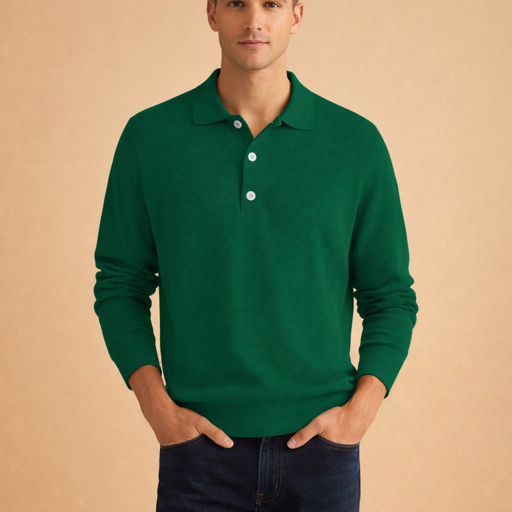 Men's Long Sleeve Button Polo Shirt with Clean Fit for Smart Casual Everyday Wear