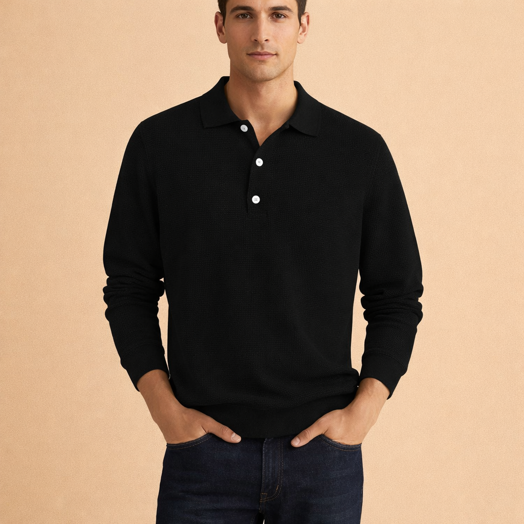 Men's Long Sleeve Button Polo Shirt with Clean Fit for Smart Casual Everyday Wear
