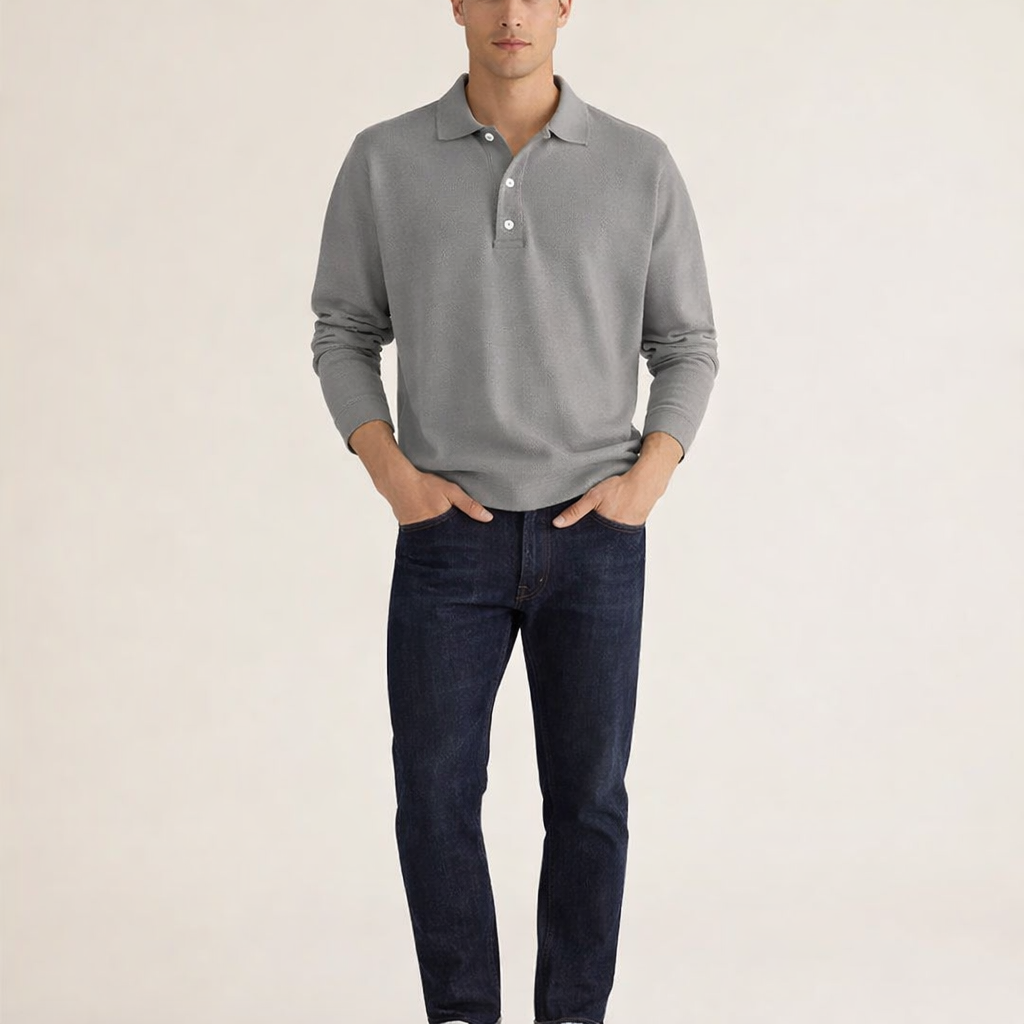 Men's Long Sleeve Button Polo Shirt with Clean Fit for Smart Casual Everyday Wear