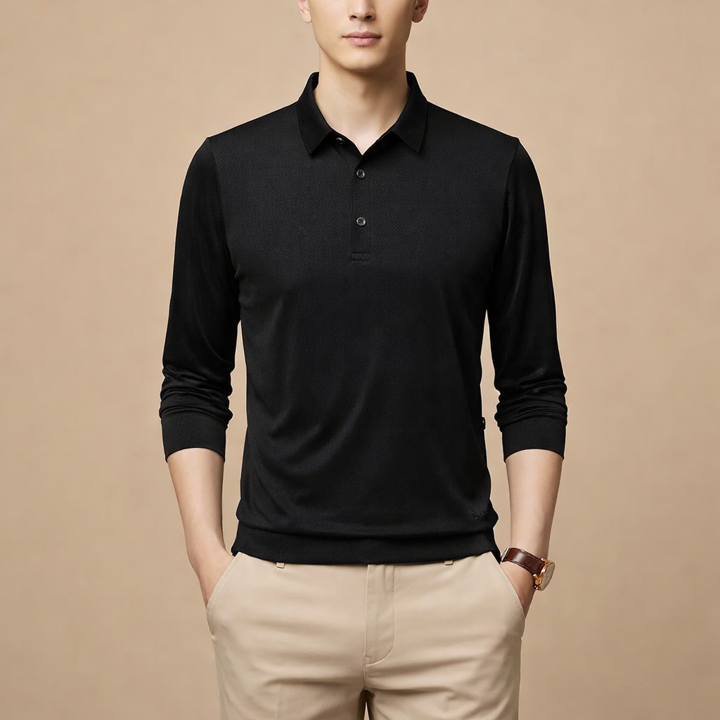 Men's Casual Long Sleeve Polo Shirt with Modern Fit for Everyday Smart Casual Wear