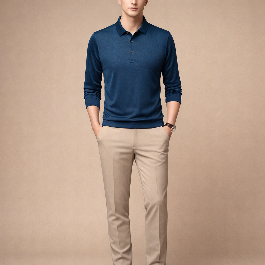 Men's Casual Long Sleeve Polo Shirt with Modern Fit for Everyday Smart Casual Wear