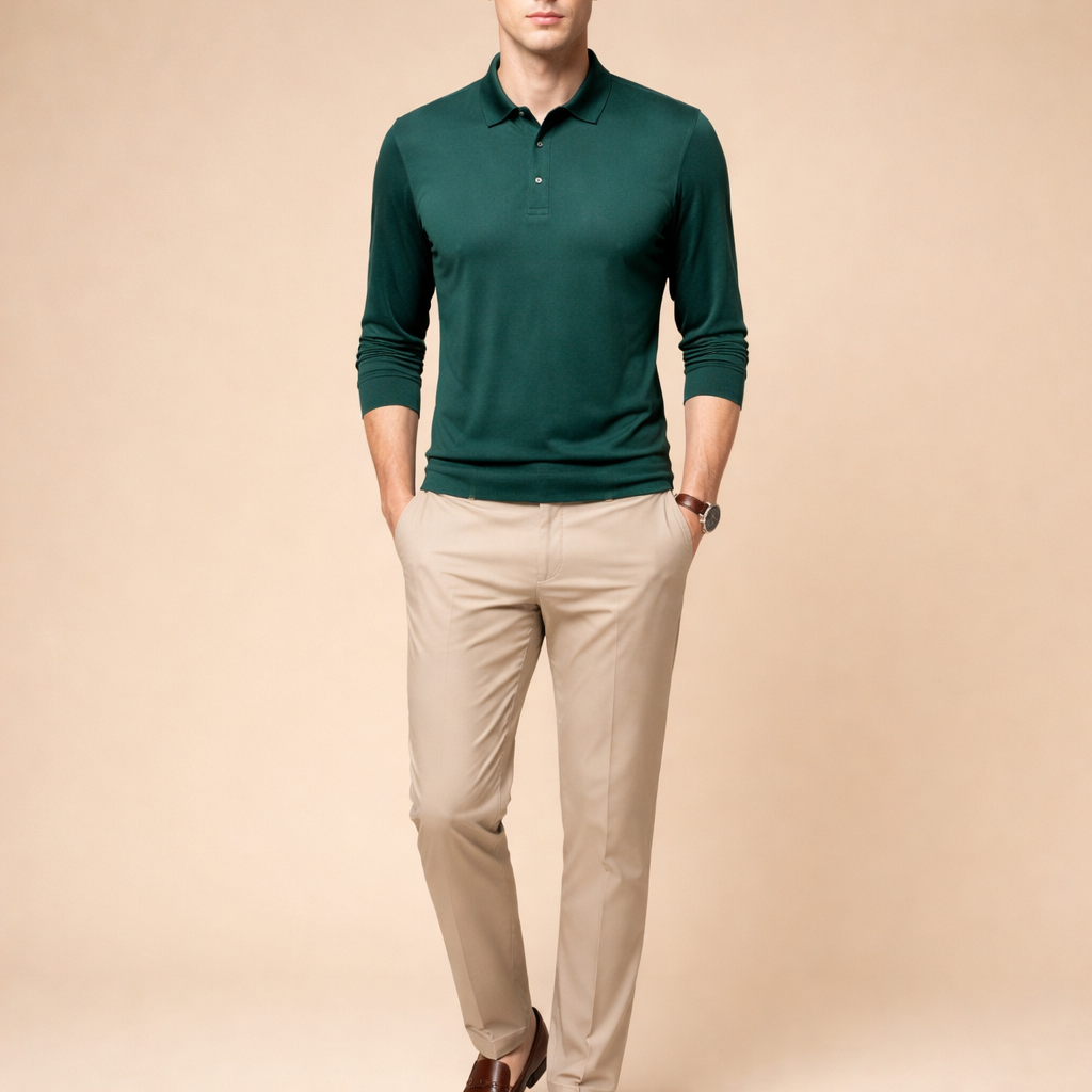 Men's Casual Long Sleeve Polo Shirt with Modern Fit for Everyday Smart Casual Wear