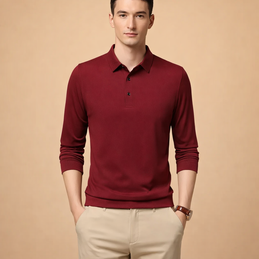 Men's Casual Long Sleeve Polo Shirt with Modern Fit for Everyday Smart Casual Wear