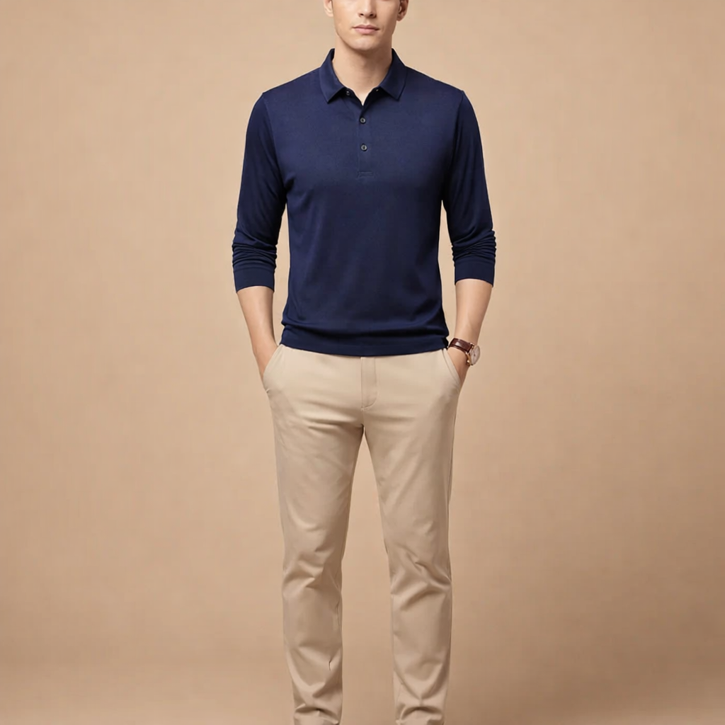 Men's Casual Long Sleeve Polo Shirt with Modern Fit for Everyday Smart Casual Wear