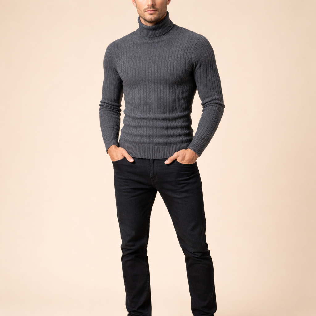 Men's Slim Fit Knitted Turtleneck Sweater Solid Color Warm Autumn Winter Essential
