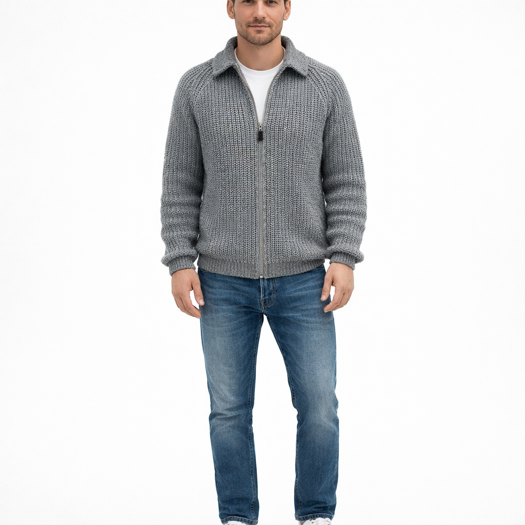 Men's Solid Color Knit Zipper Turtleneck Cardigan Casual Long Sleeve Sweater Jacket