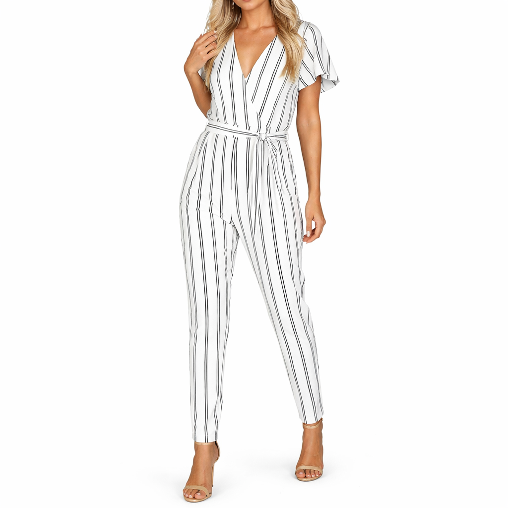 Women's Striped V-Neck Backless Jumpsuit – Lightweight Summer Comfort
