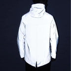 Men's Reflective Long Windbreaker Jacket Lightweight Outdoor Hooded Casual Utility Outerwear