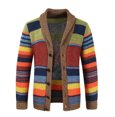 Men's Hooded Cardigan Sweater with Vintage Ethnic Pattern Knit Design