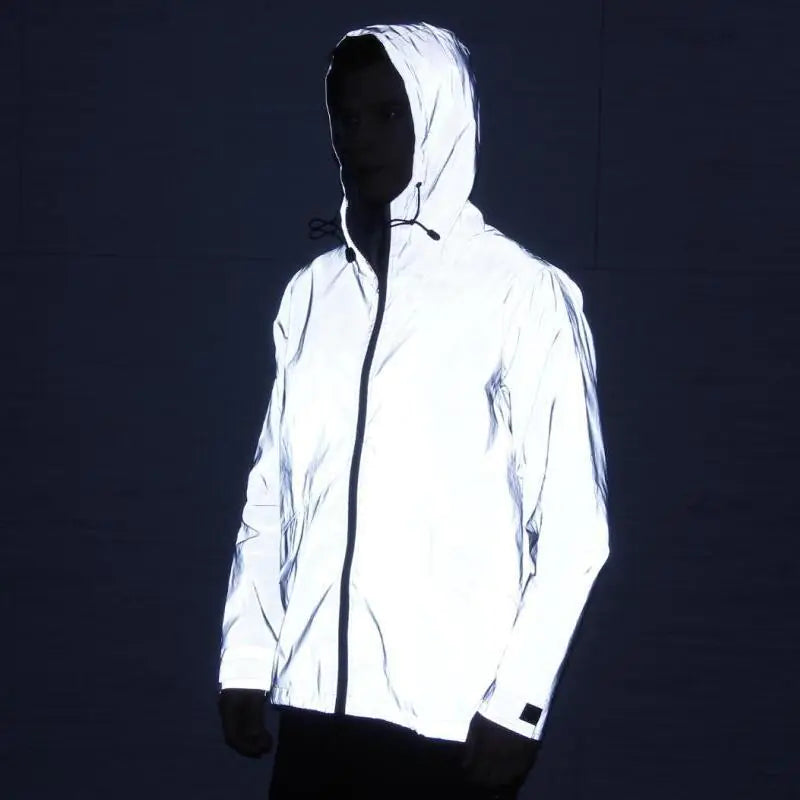 Men's Reflective Long Windbreaker Jacket Lightweight Outdoor Hooded Casual Utility Outerwear